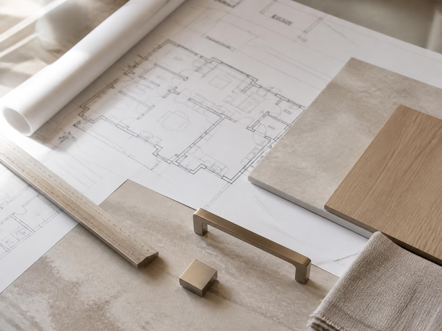 Floor plans with stone, white oak and hardware samples laid out during pre-construction