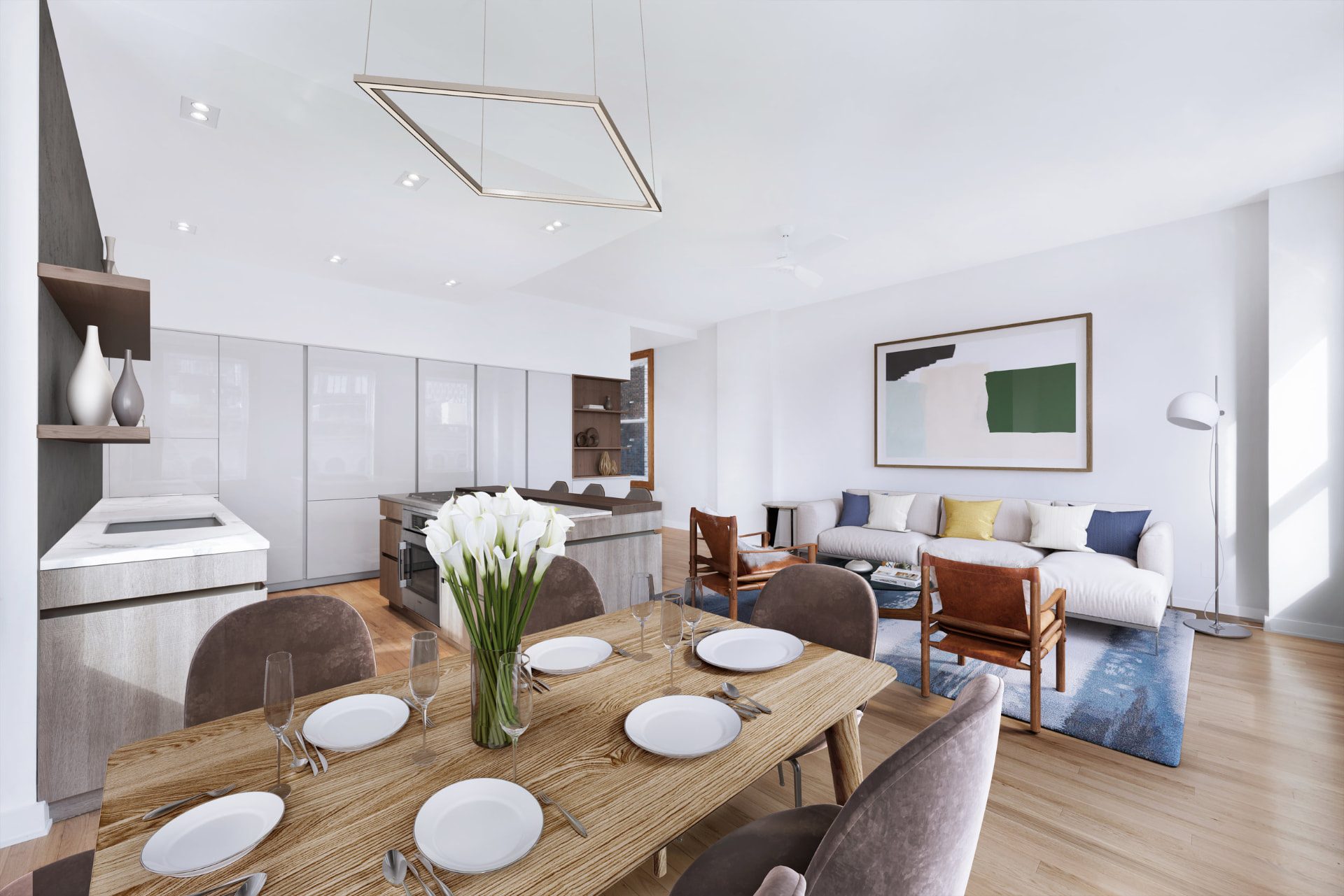 Luxury Tribeca residence renovation at 395 Broadway featuring custom millwork, white oak flooring, and refined marble finishes.