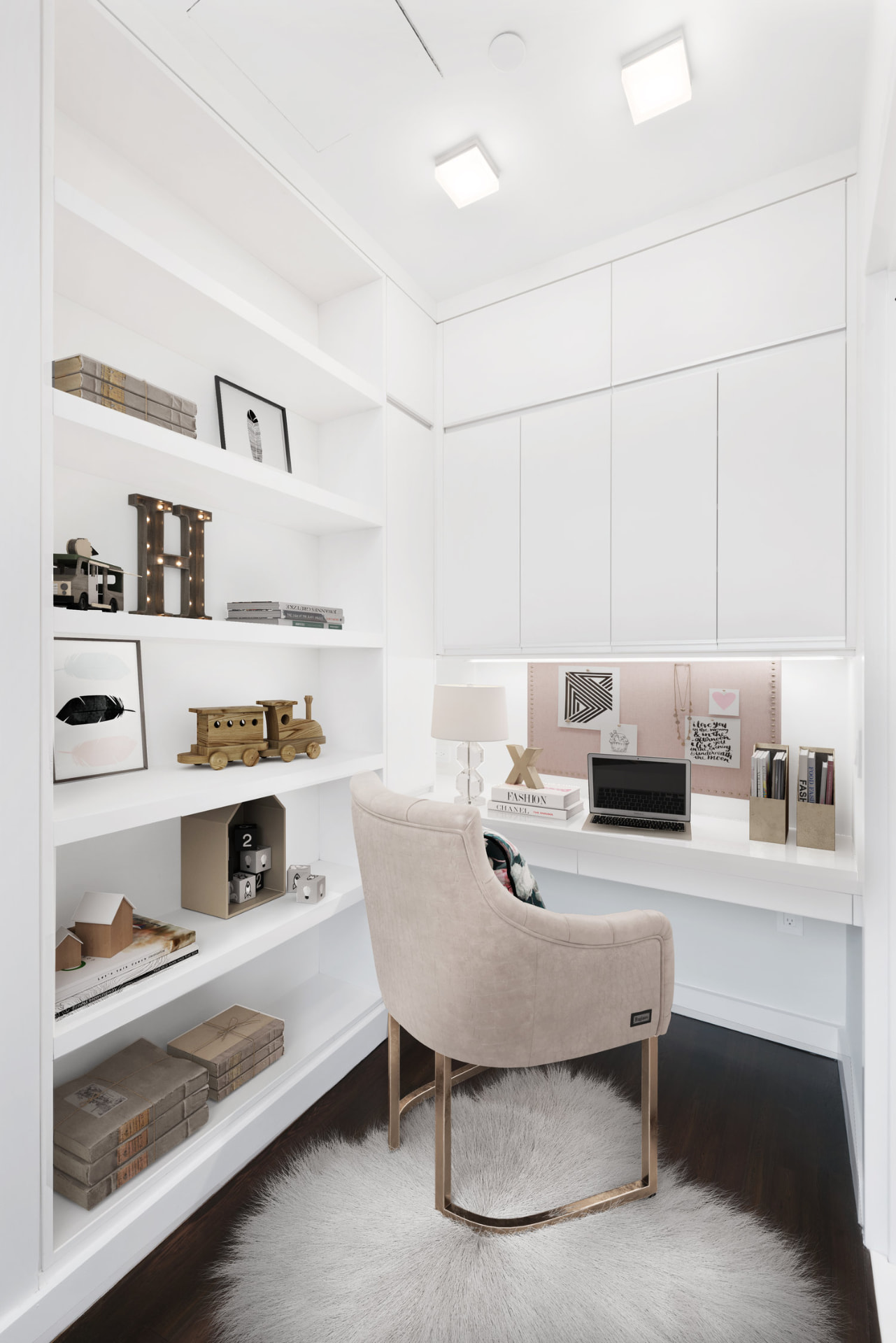 Tribeca II — dining room with a set table and upholstered chairs beside tall city-facing windows, with white built-in shelving and dark hardwood flooring — image 14 of 14