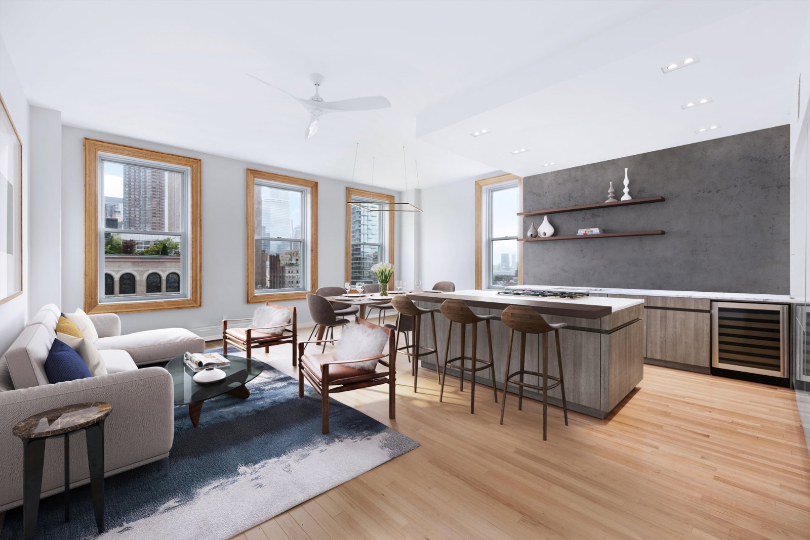 Tribeca living and dining area with a custom kitchen, wood flooring and city views.