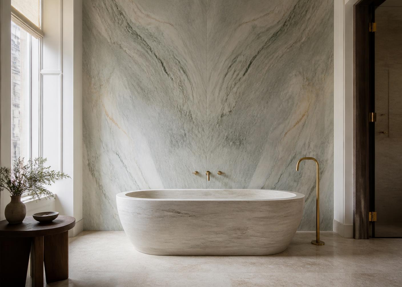 Stone bathroom interior with book-matched slab wall