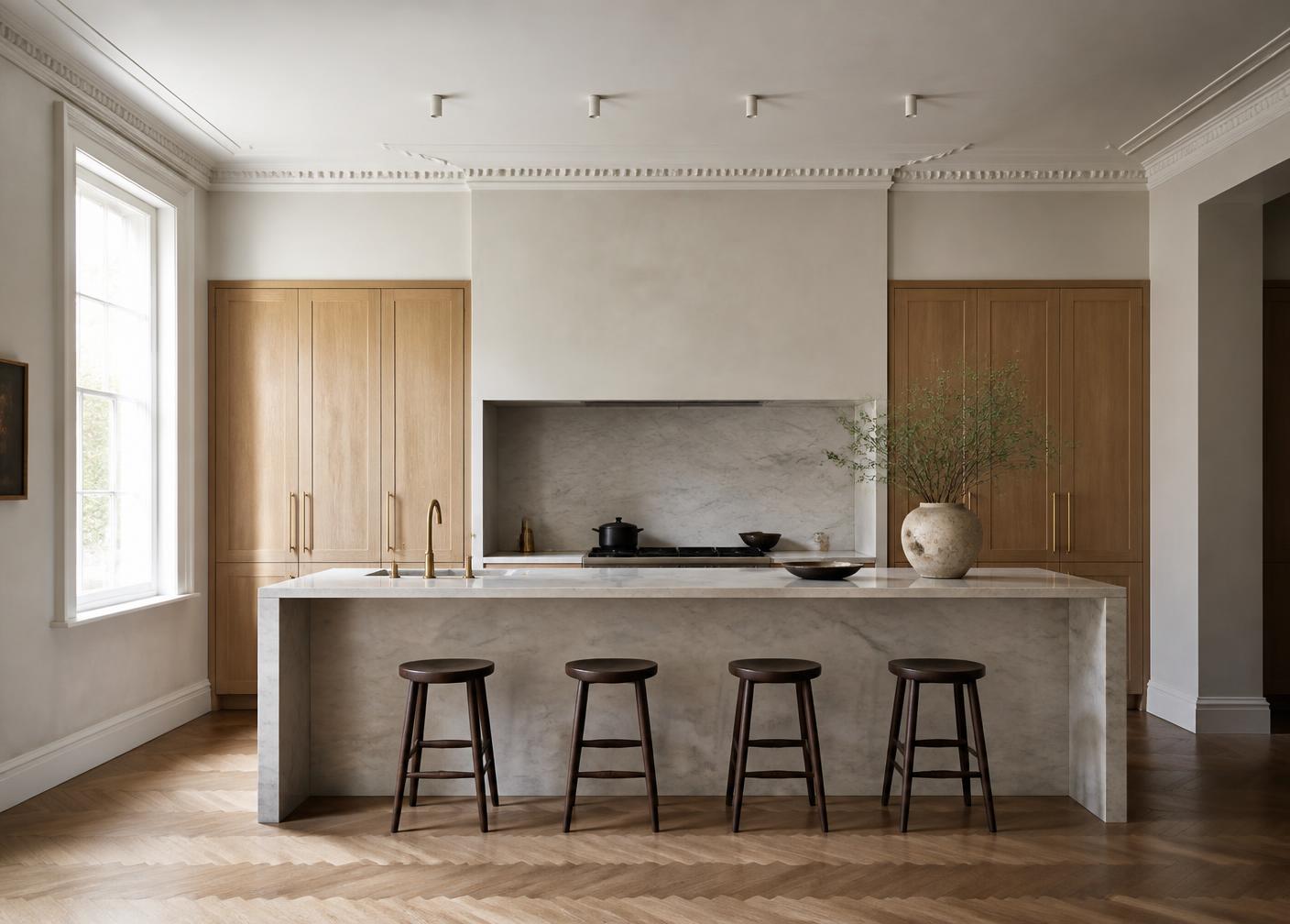 Bespoke kitchen with marble island and rift white oak cabinetry